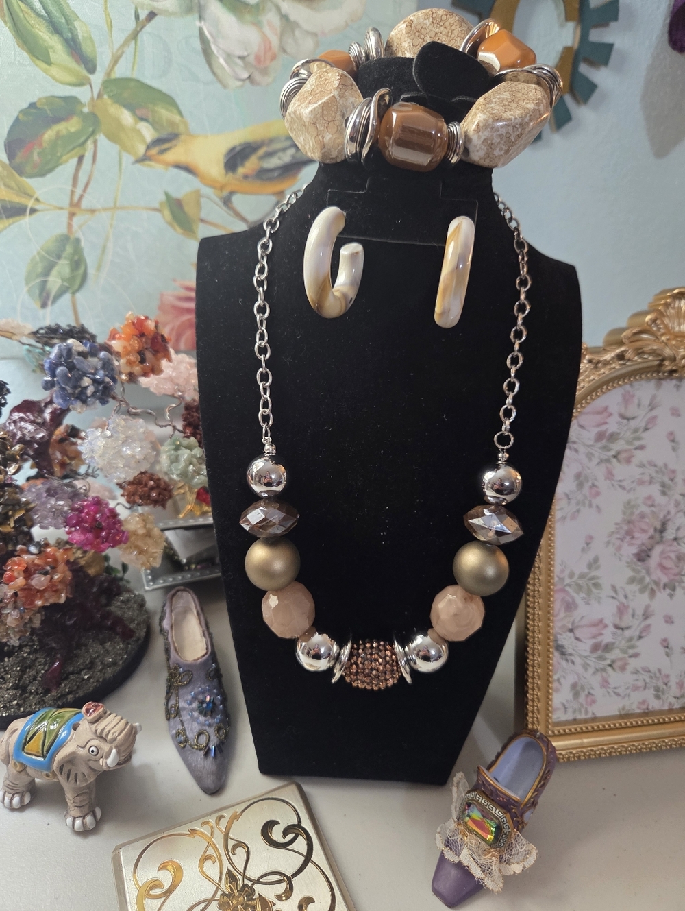 Neutral Bead Statement Necklace Jewelry Set
